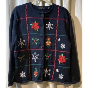 VTG XL Embroidered Black Christmas Cardigan Sweater RETRO Grannycore Ugly Holi